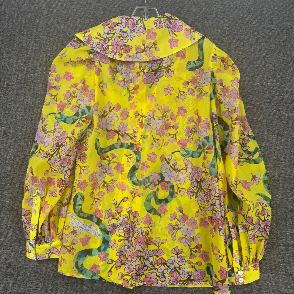 Dauphinette Yellow Cherry Blossom Snake Print Lantern Puff Sleeve Blouse size S - Picture 7 of 9